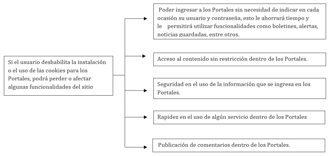 Si el usuario deshabilita la instalación o el uso de las cookies para los Portales, podrá perder o afectar algunas funcionalidades del sitio