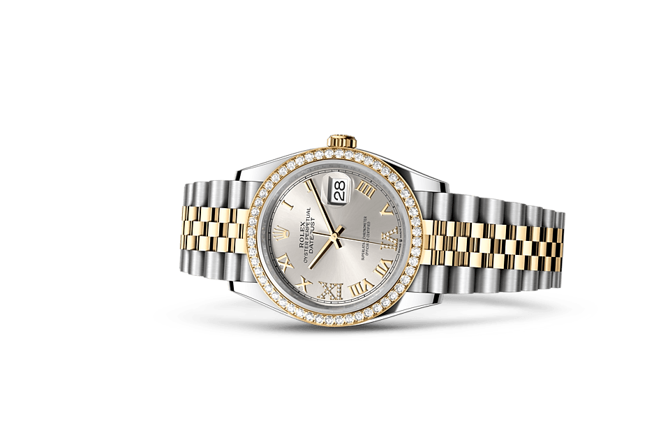 Rolex Datejust de Oyster, 36 mm, acero Oystersteel, oro amarillo y diamantes, m126283rbr-0017 - Frente acostado