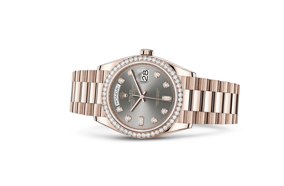 Rolex Day-Date de Oyster, 36 mm, oro Everose y diamantes, m128345rbr-0052 - Frente acostado
