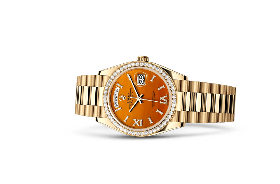 Rolex Day-Date de Oyster, 36 mm, oro amarillo y diamantes, m128348rbr-0049 - Frente acostado