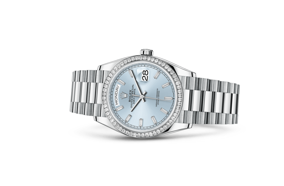 Rolex Day-Date de Oyster, 36 mm, platino y diamantes, m128396tbr-0003 - Frente acostado