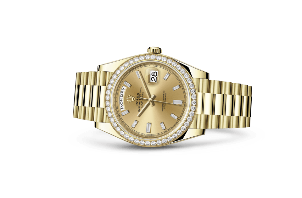 Rolex Day-Date de Oyster, 40 mm, oro amarillo y diamantes, m228348rbr-0002 - Frente acostado