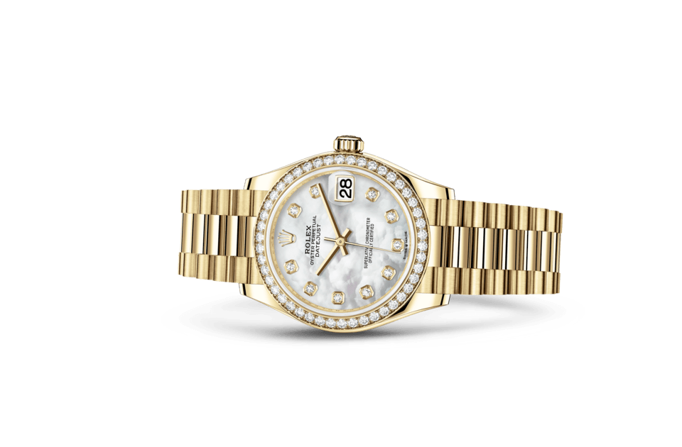 Rolex Datejust de Oyster, 31 mm, oro amarillo y diamantes, m278288rbr-0006 - Frente acostado