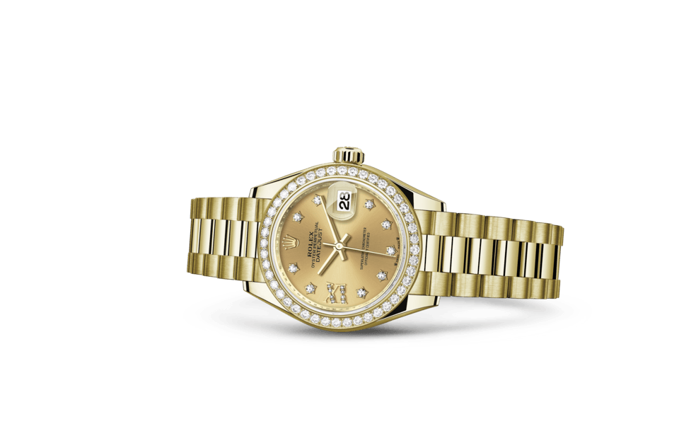 Rolex Lady‑Datejust de Oyster, 28 mm, oro amarillo y diamantes, m279138rbr-0006 - Frente acostado