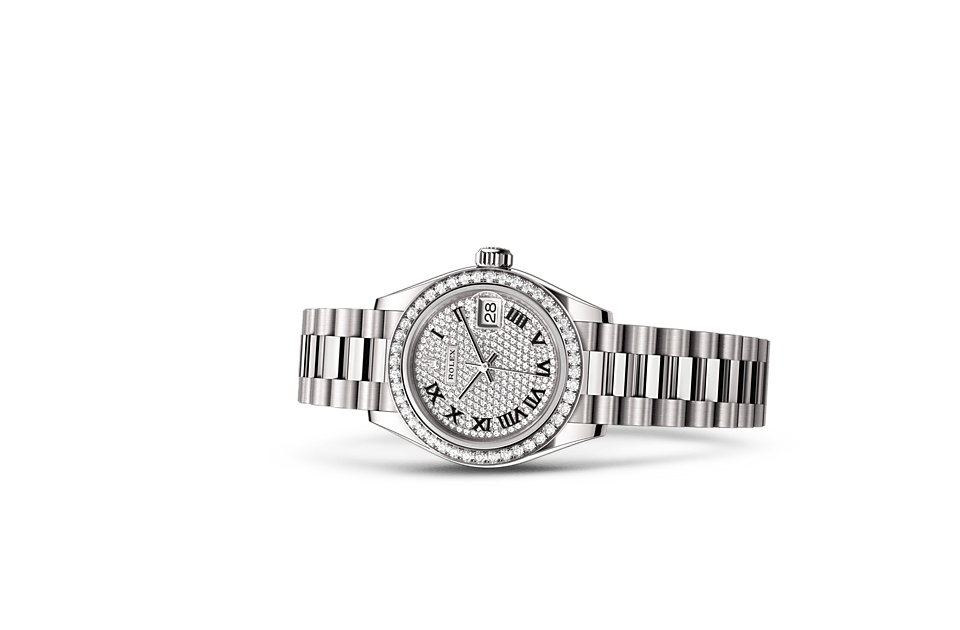 Rolex Lady‑Datejust de Oyster, 28 mm, oro blanco y diamantes, m279139rbr-0014 - Frente acostado