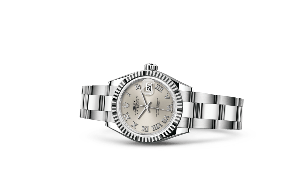 Rolex Lady-Datejust de Oyster, 28 mm, acero Oystersteel y oro blanco, m279174-0008 - Frente acostado