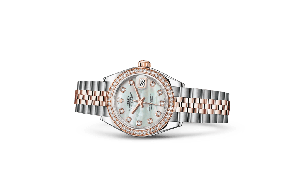Rolex Lady‑Datejust de Oyster, 28 mm, acero Oystersteel, oro Everose y diamantes, m279381rbr-0013 - Frente acostado