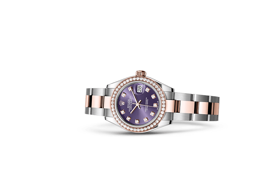Rolex Lady‑Datejust de Oyster, 28 mm, acero Oystersteel, oro Everose y diamantes, m279381rbr-0016 - Frente acostado