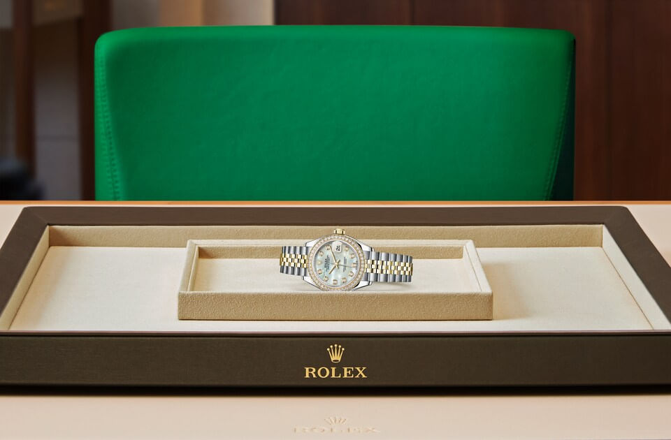 Rolex Lady‑Datejust de Oyster, 28 mm, acero Oystersteel, oro amarillo y diamantes, m279383rbr-0019 - Viste Frontal acostado