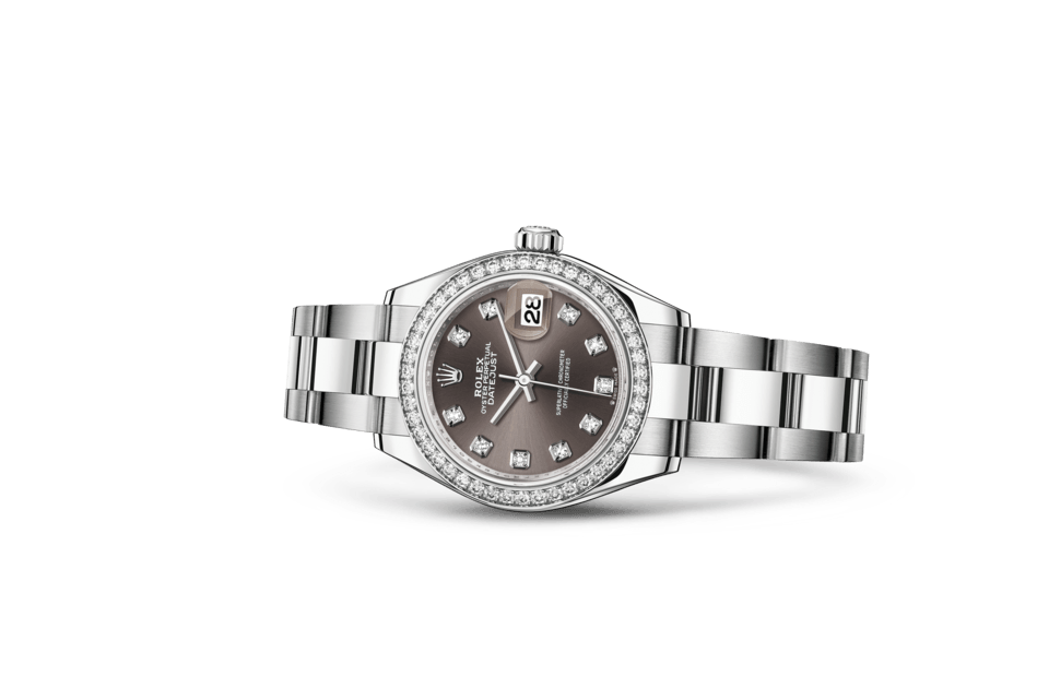 Rolex Lady-Datejust de Oyster, 28 mm, acero Oystersteel, oro blanco y diamantes, m279384rbr-0018 - Frente acostado