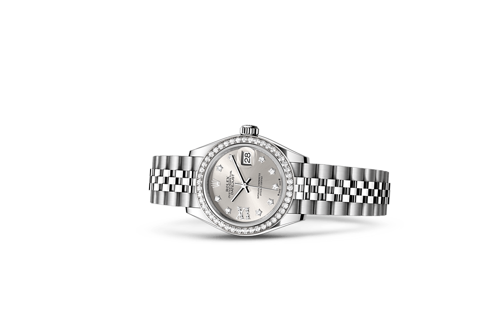 Rolex Lady‑Datejust de Oyster, 28 mm, acero Oystersteel, oro blanco y diamantes, m279384rbr-0021 - Frente acostado