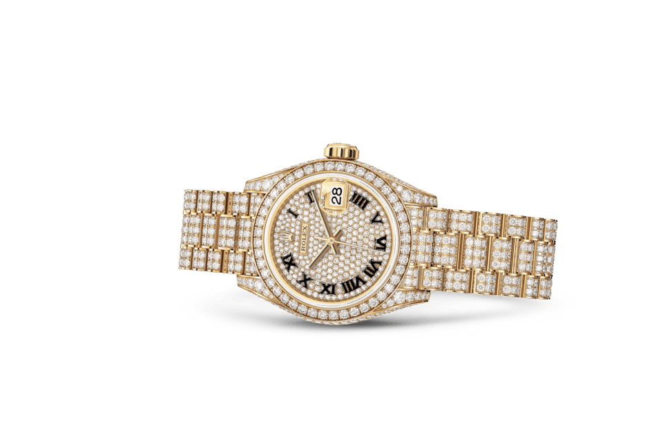 Rolex Lady‑Datejust de Oyster, 28 mm, oro amarillo y diamantes, m279458rbr-0001 - Frente acostado