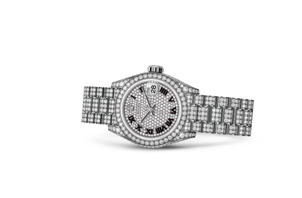 Rolex Lady‑Datejust de Oyster, 28 mm, oro blanco y diamantes, m279459rbr-0001 - Frente acostado